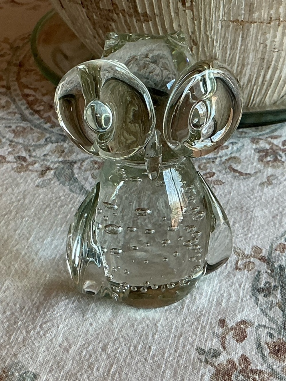 Owl Figurine Clear Crystal Glass with Bubble Accents Brullicante